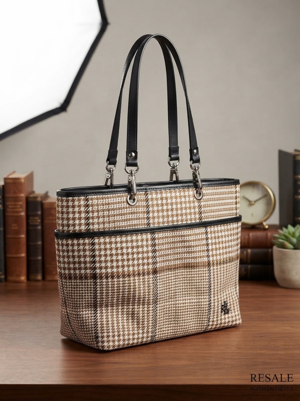 Ralph Lauren Brown Plaid Tote with Black Trim